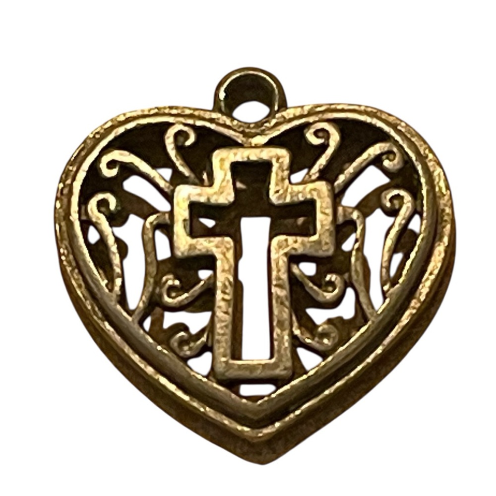 Whimsigoth Silver Tone Filigree Heart Pennant Charm With Cutout Center Cross